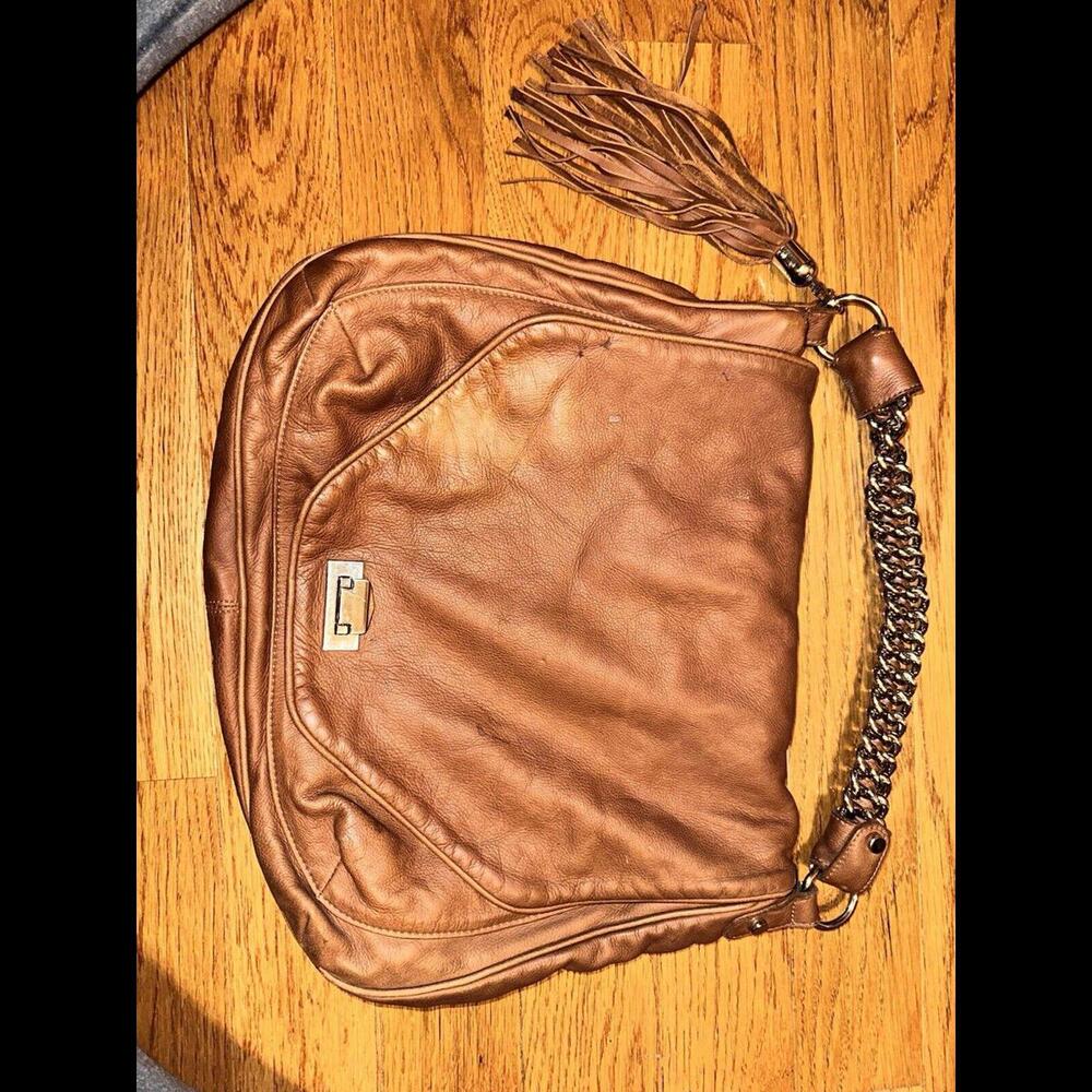 Vintage Tylie Malibu Made in California Brown Leather Should Bag w/ Metal Strap